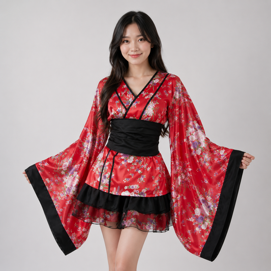 Black Red Japanese Kimono Floral Pattern Short Robe