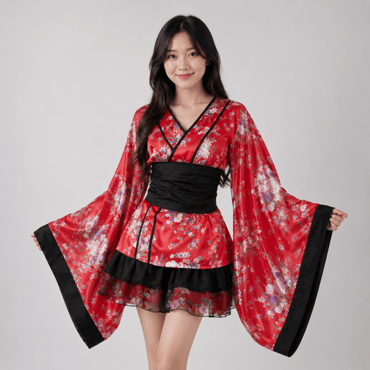 Kawaiies Collection - Kimono - Black Red Japanese Kimono Floral Pattern Short Robe