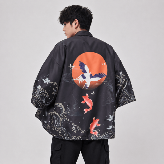 Kawaiies Collection - Kimono - Golden Koi and Japanese Crane Men Kimono