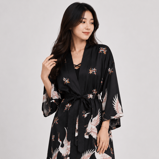 Kawaiies Collection - Kimono - Japanese Crane Print Long Kimono