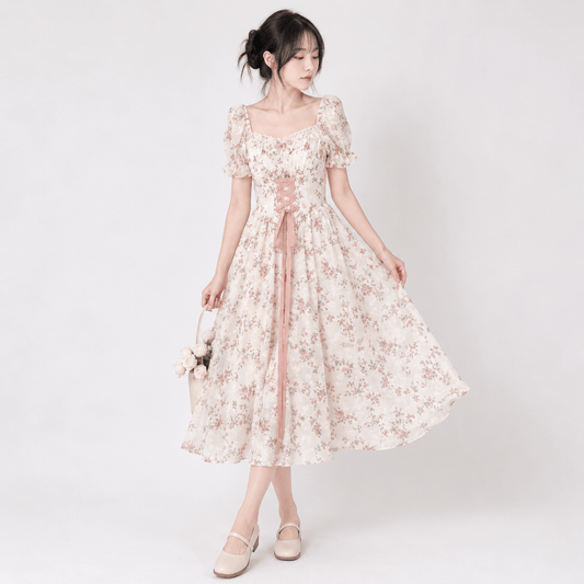 Kawaiies Collection - Apparel - White Pink Cottage Lace Milkmaid Dress
