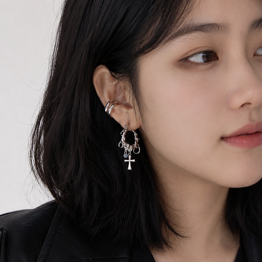 Chrome Cross Hoop Earrings