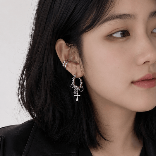 Kawaiies Collection - Accessories - Chrome Cross Hoop Earrings