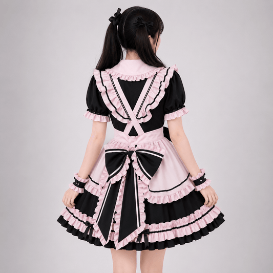 Kawaiies Collection - Apparel - Gothic Black Pink Sweet Lolita Women's Maid Dress Bowknots