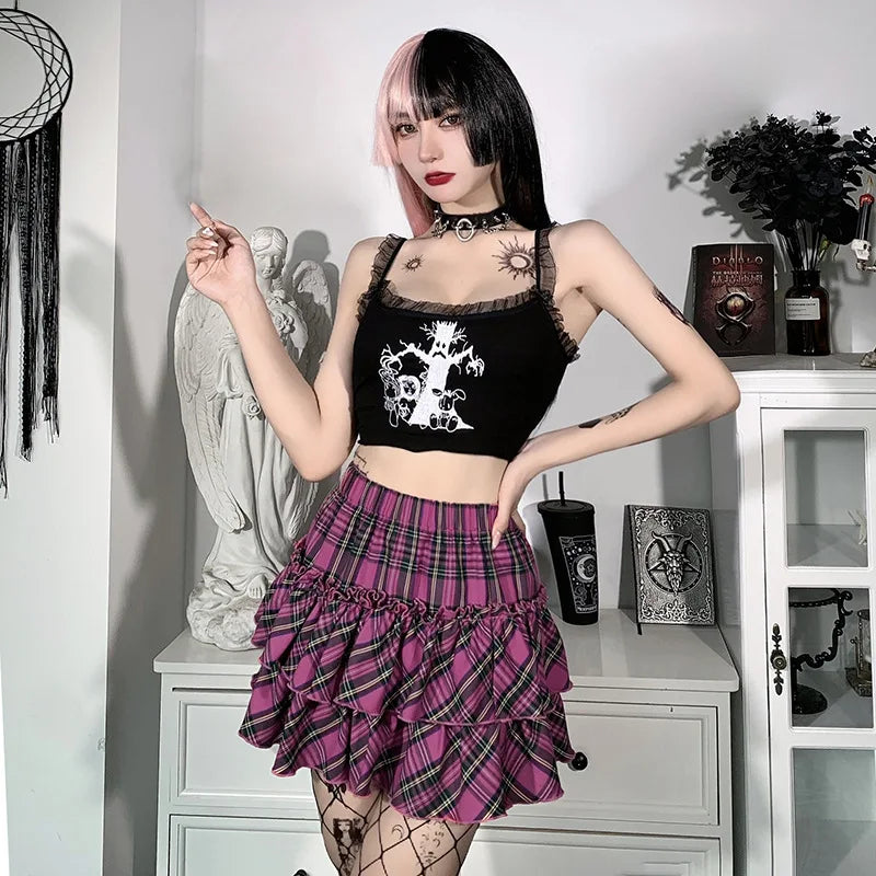 Harajuku Punk Princess Pink Red Plaid Pleated Skirt