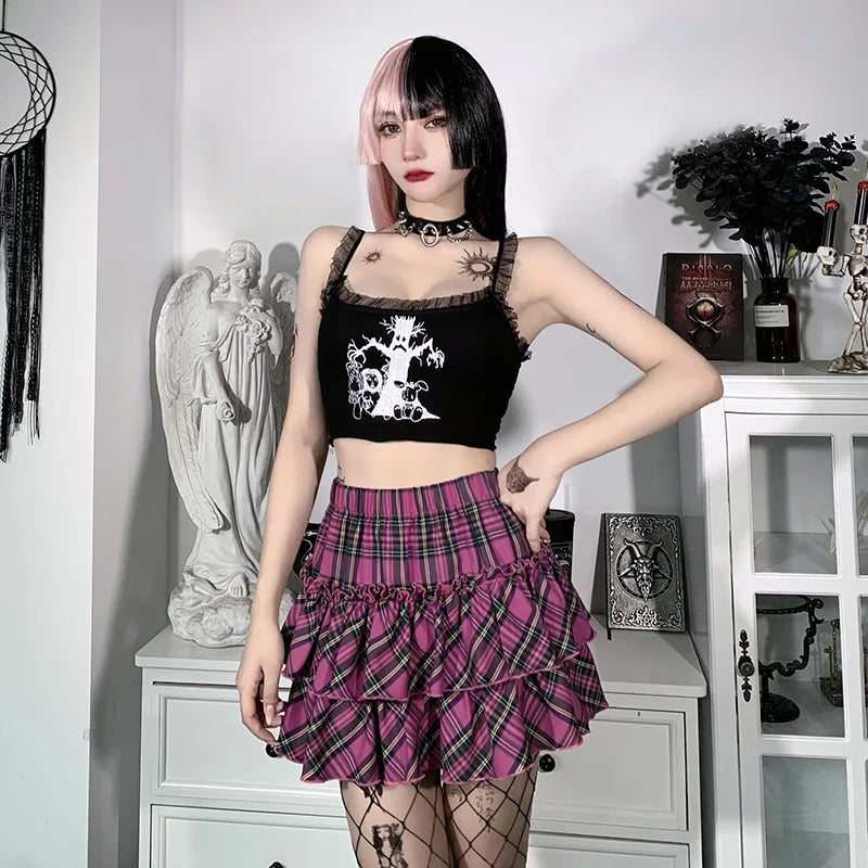 Harajuku Punk Princess Pink Red Plaid Pleated Skirt