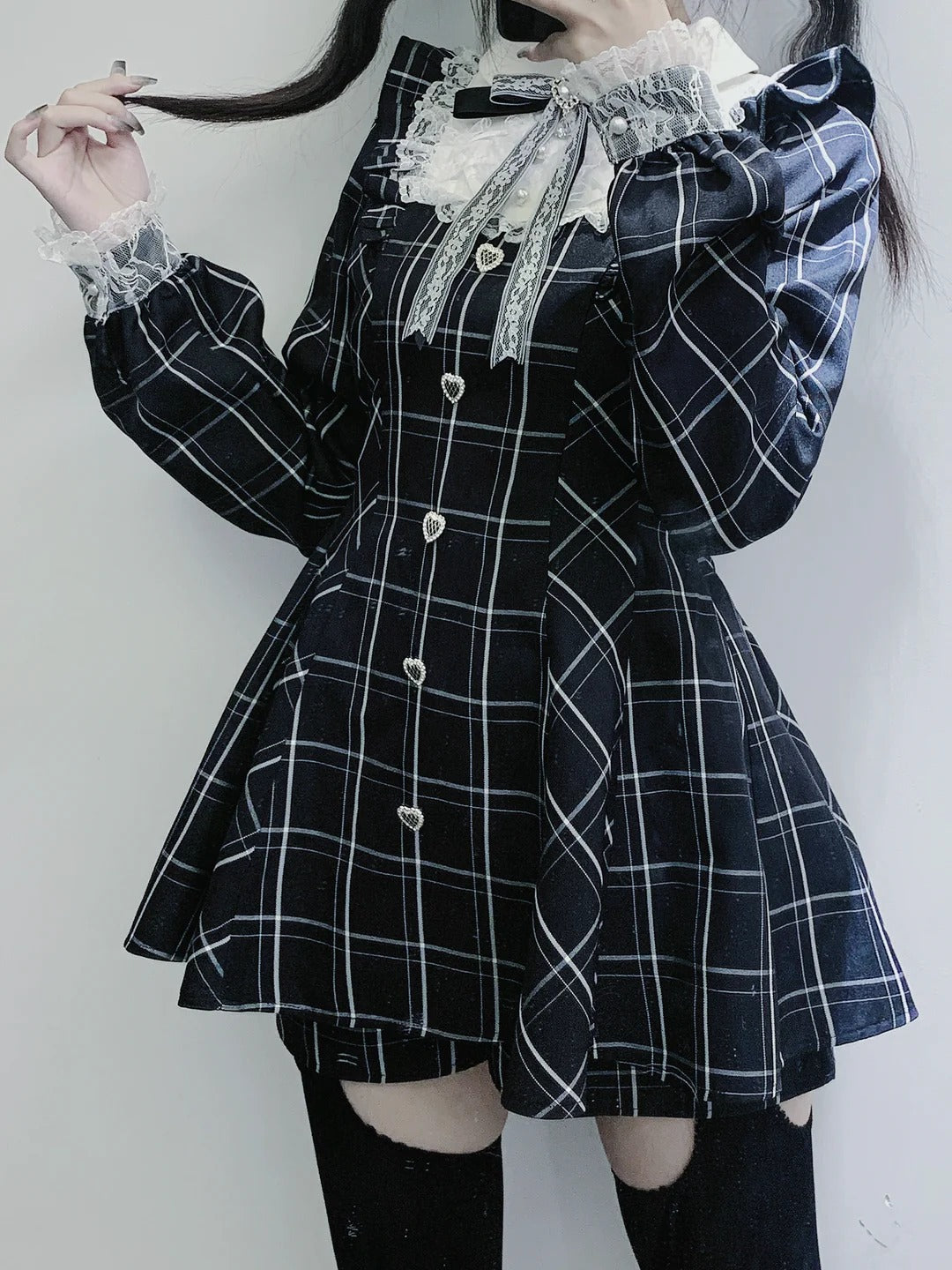 Harajuku Black Plaid Hearts Laced Lolita Women's Dress