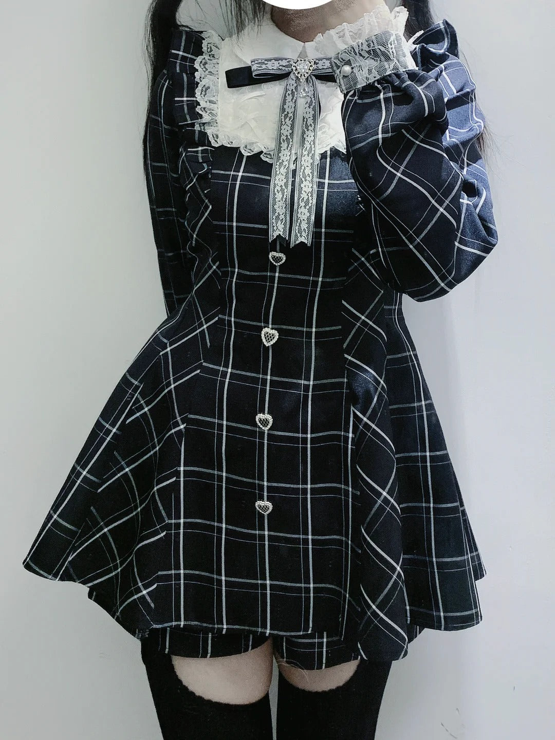 Harajuku Black Plaid Hearts Laced Lolita Women's Dress