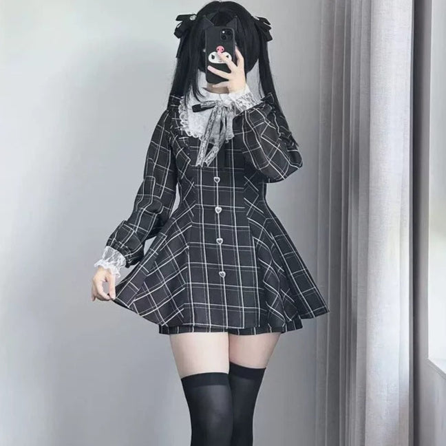 Harajuku Black Plaid Hearts Laced Lolita Women's Dress
