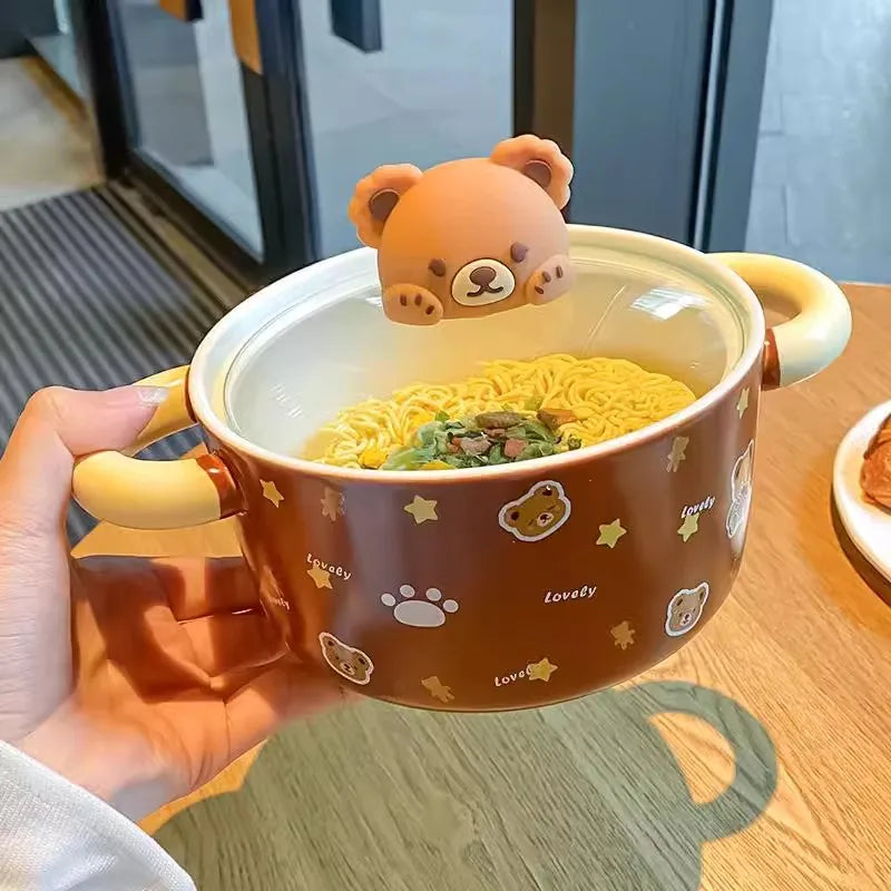 Kawaii Bear Giant Ceramic Ramen Bowl with Lid (750ML)