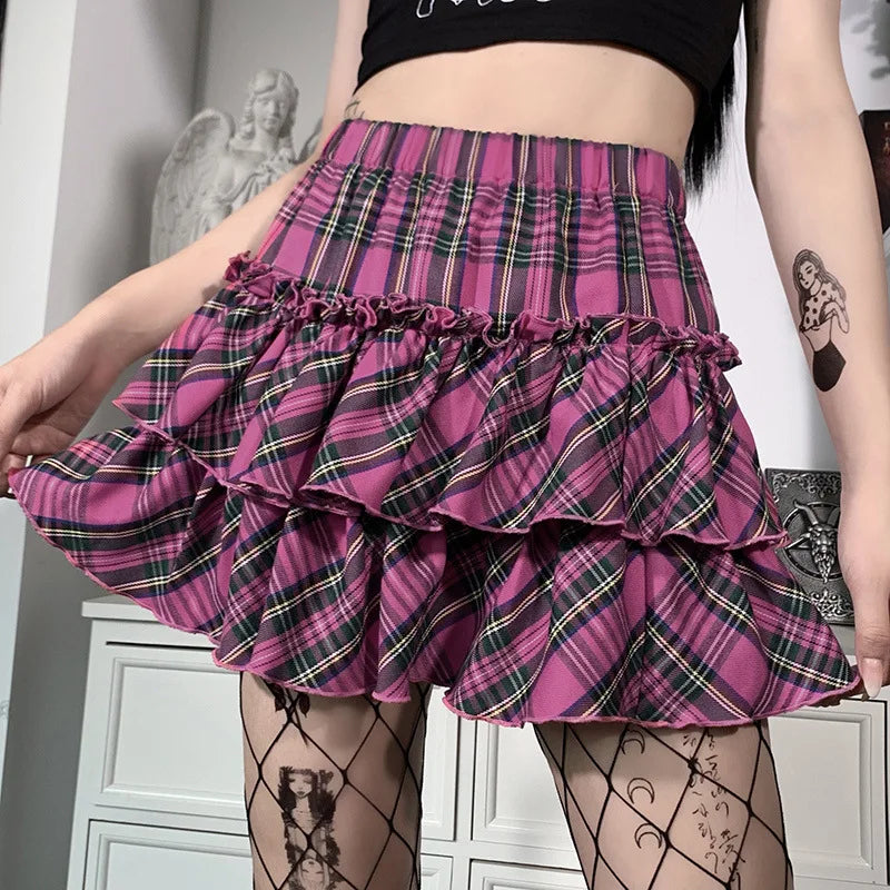 Harajuku Punk Princess Pink Red Plaid Pleated Skirt