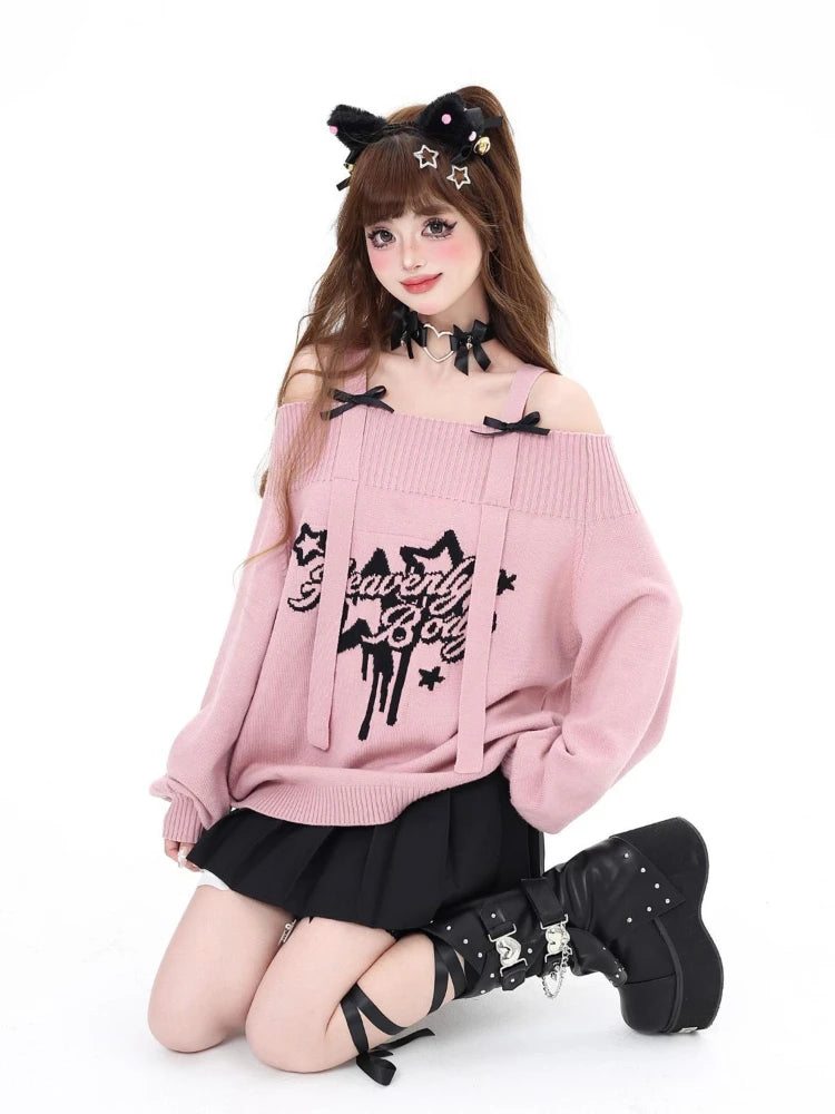Gothic "Heavenly Body" Oversized Off-Shoulder Women's Black Pink Sweater