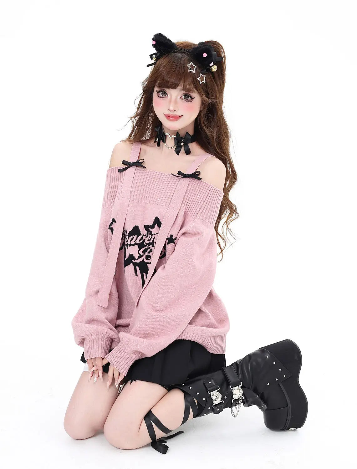 Gothic "Heavenly Body" Oversized Off-Shoulder Women's Black Pink Sweater