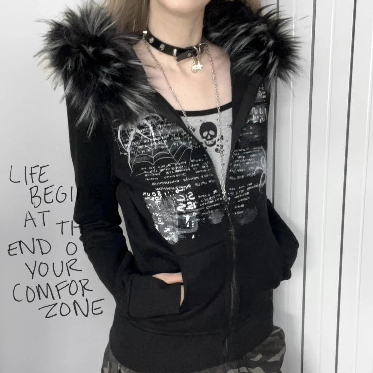 Black Gothic Fur Hood Zip-Up Jacket