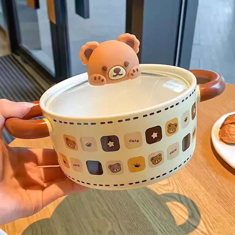 Kawaii Bear Giant Ceramic Ramen Bowl with Lid (750ML)