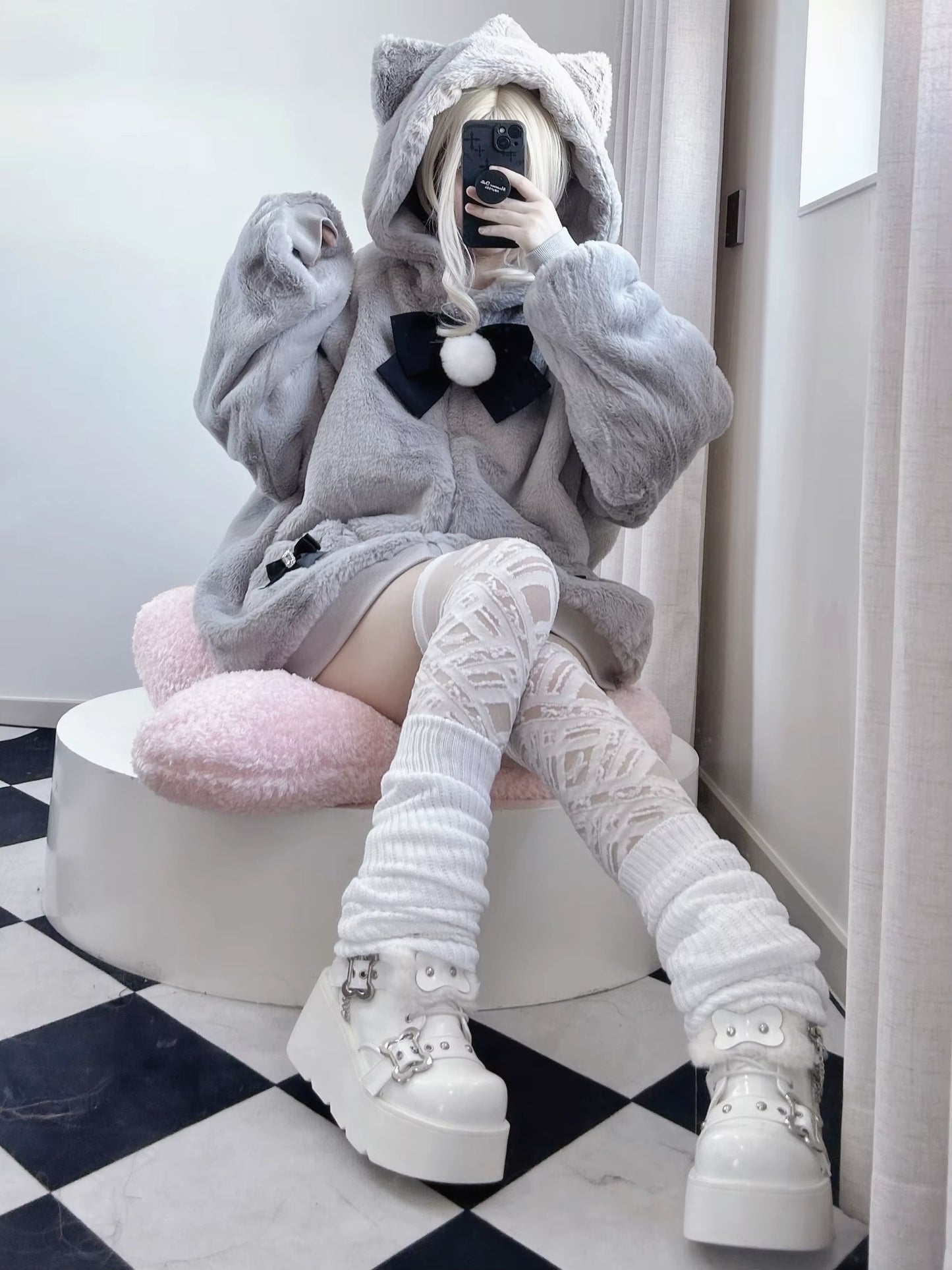 Japanese-themed Kawaii Cat Ears Bow Fluffy Jacket Coat