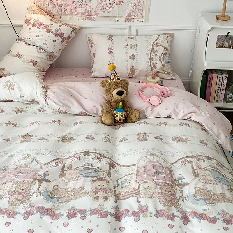 Vintage Bear Cute Polyester Bedding Set with Bed Sheet