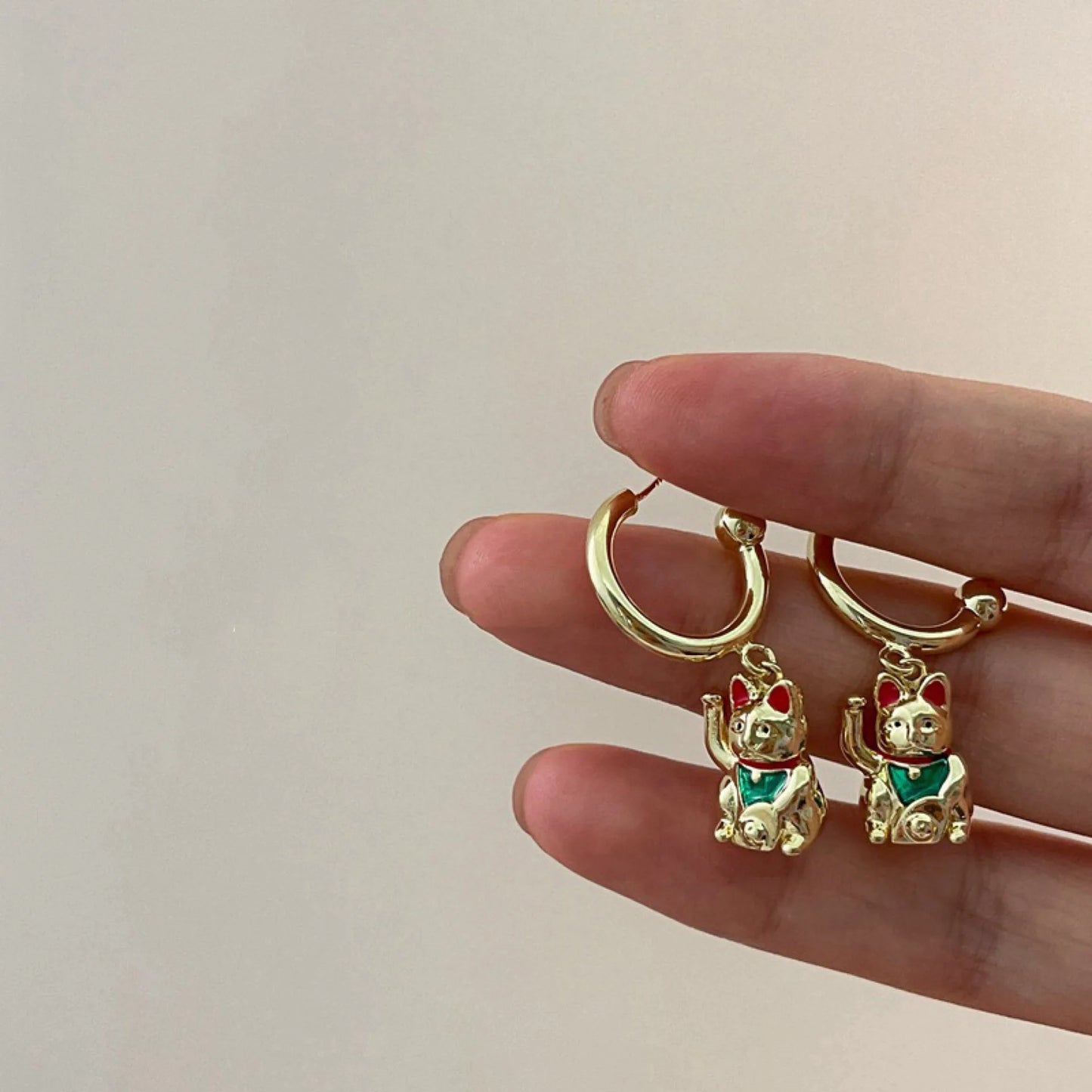 Cute Lucky Cat 18K Gold-Plated Pendant Earrings