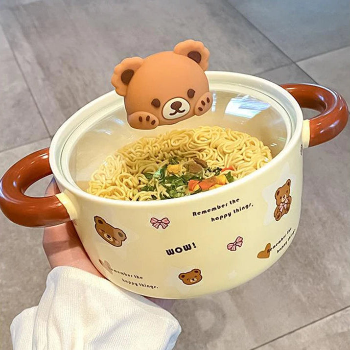Kawaii Bear Giant Ceramic Ramen Bowl with Lid (750ML)