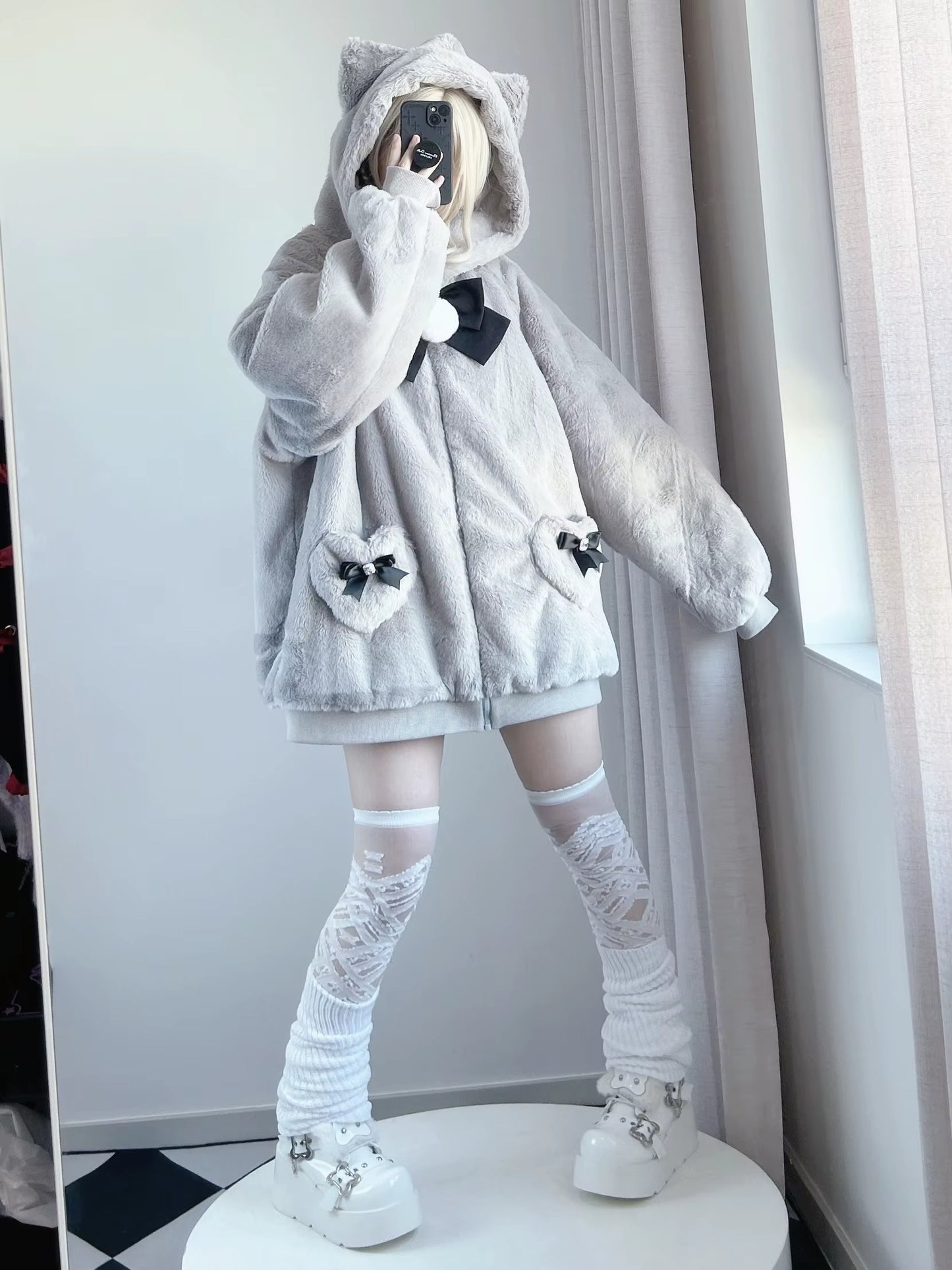 Japanese-themed Kawaii Cat Ears Bow Fluffy Jacket Coat