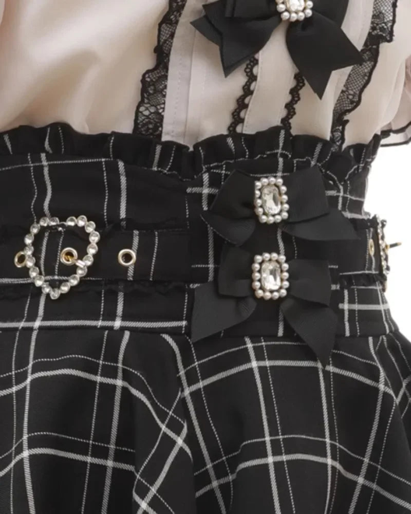 Gothic Heart Bow High Waist Black Plaid Skirt