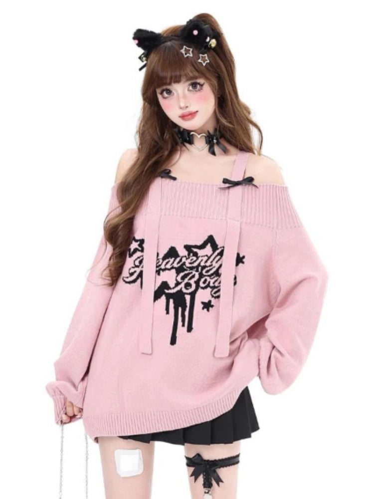 Gothic "Heavenly Body" Oversized Off-Shoulder Women's Black Pink Sweater