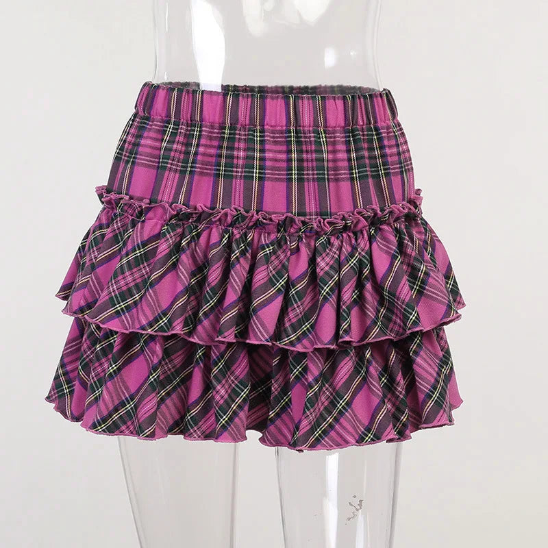 Harajuku Punk Princess Pink Red Plaid Pleated Skirt