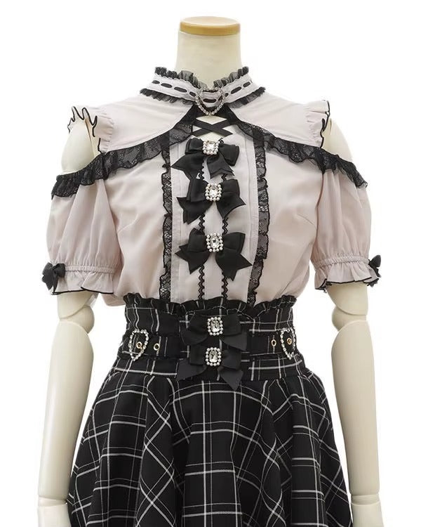 Gothic Heart Bow High Waist Black Plaid Skirt
