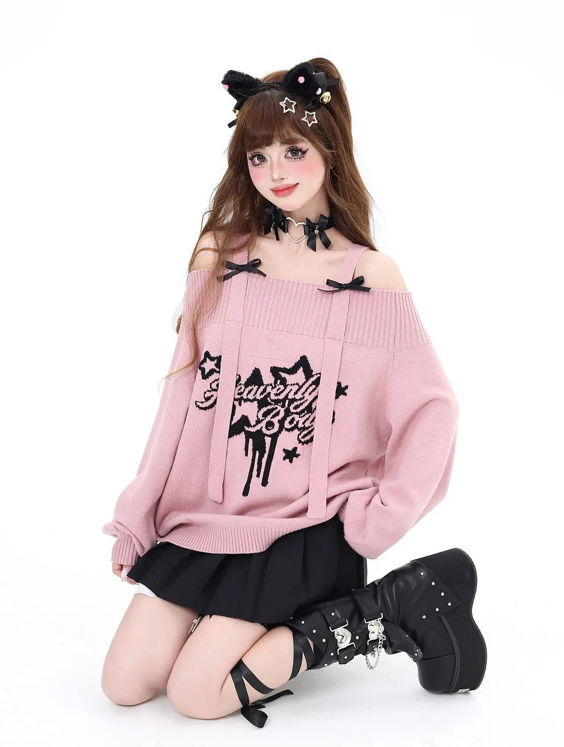 Gothic "Heavenly Body" Oversized Off-Shoulder Women's Black Pink Sweater