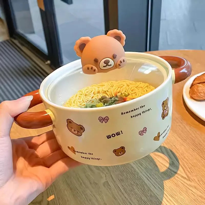 Kawaii Bear Giant Ceramic Ramen Bowl with Lid (750ML)