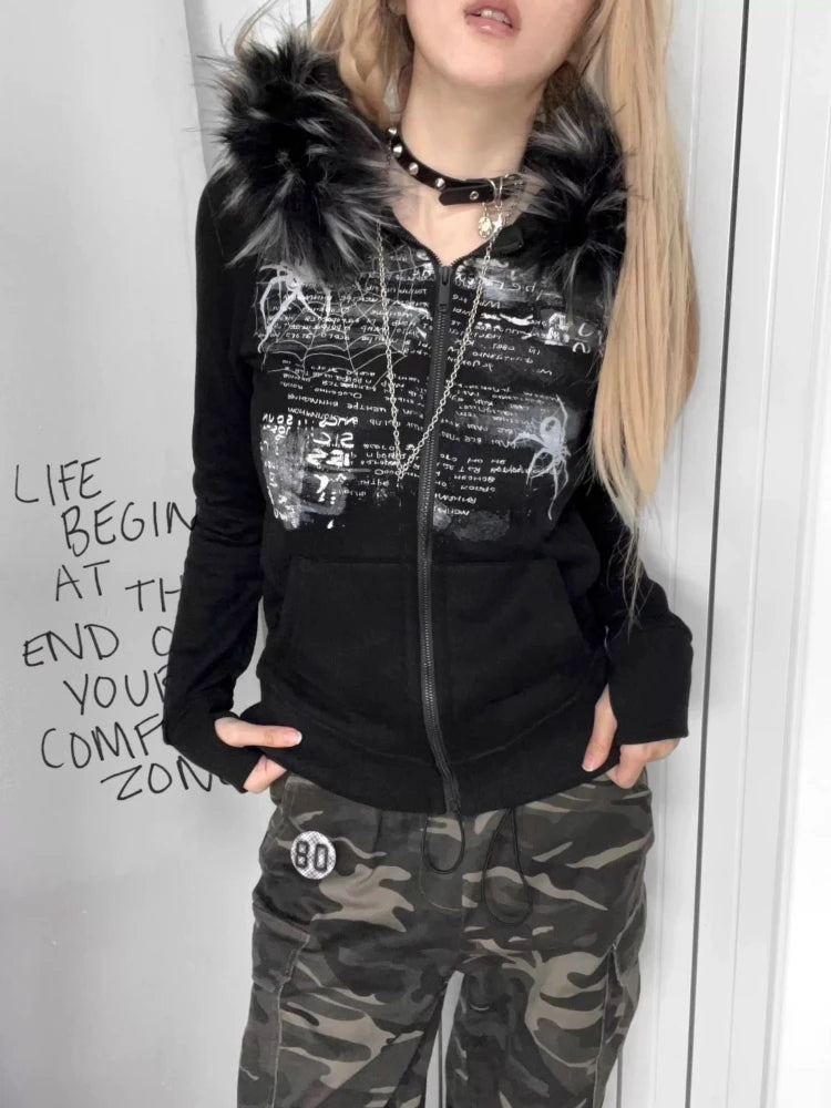 Black Gothic Fur Hood Zip-Up Jacket