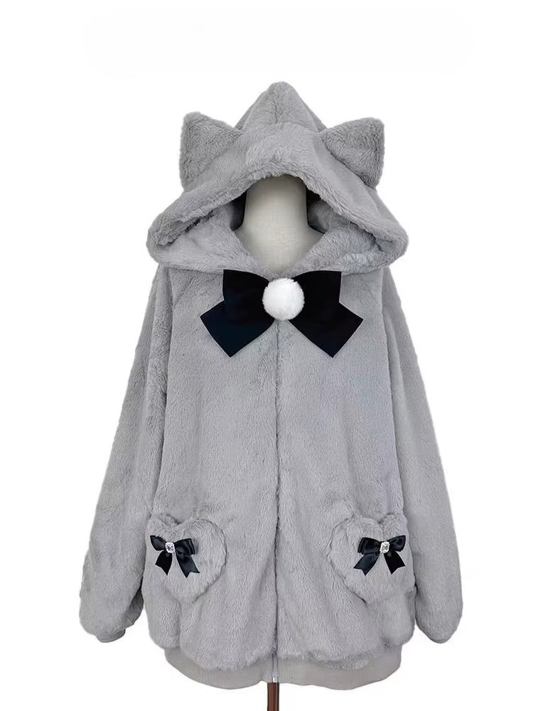 Japanese-themed Kawaii Cat Ears Bow Fluffy Jacket Coat