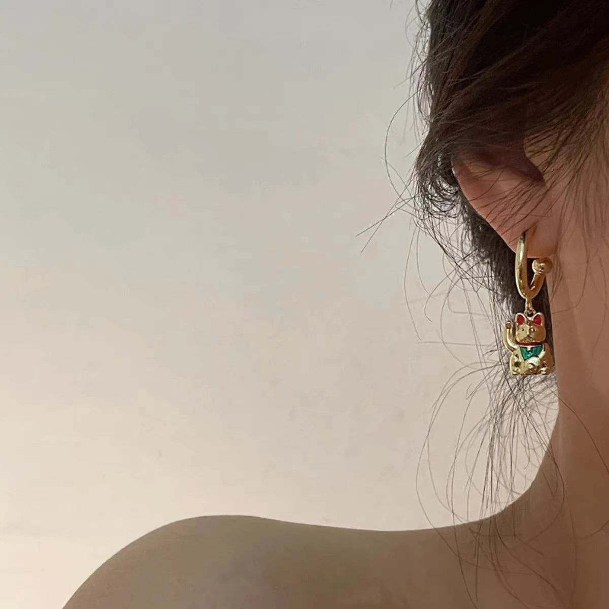 Cute Lucky Cat 18K Gold-Plated Pendant Earrings