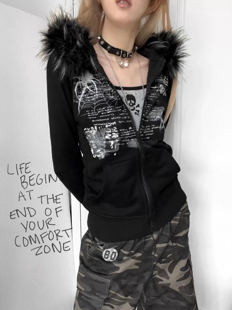 Black Gothic Fur Hood Zip-Up Jacket