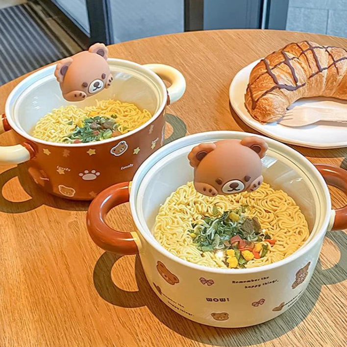Kawaii Bear Giant Ceramic Ramen Bowl with Lid (750ML)