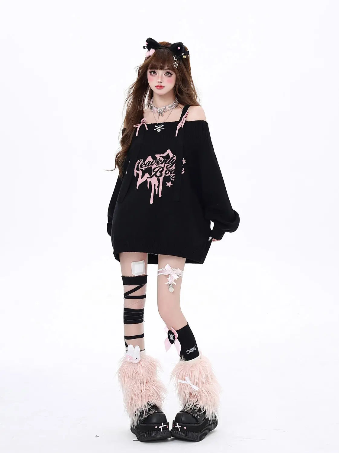 Gothic "Heavenly Body" Oversized Off-Shoulder Women's Black Pink Sweater