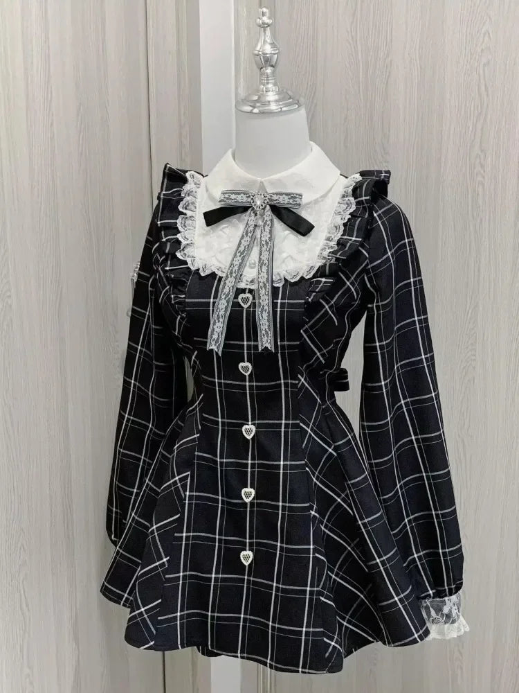 Harajuku Black Plaid Hearts Laced Lolita Women's Dress