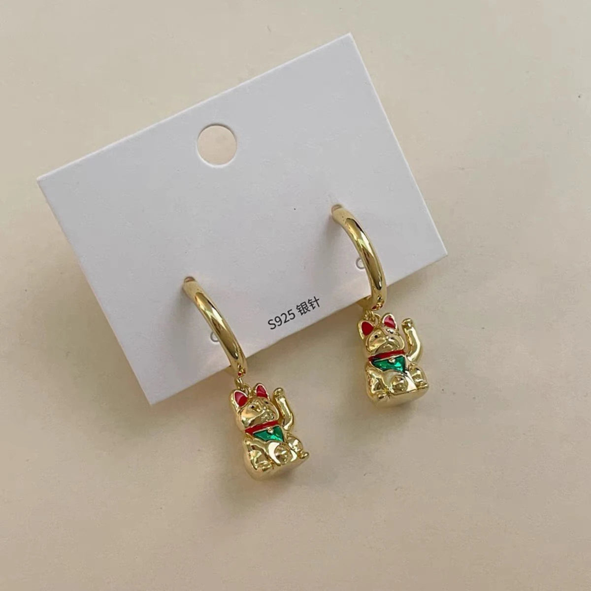 Cute Lucky Cat 18K Gold-Plated Pendant Earrings
