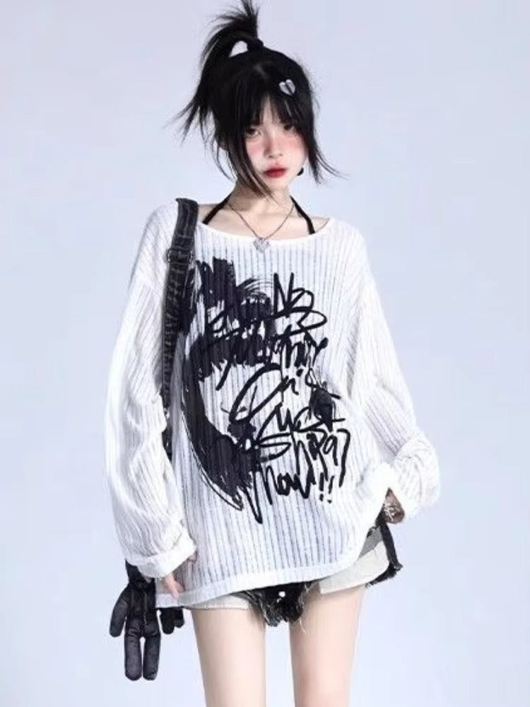 Graffiti Print Oversized Ribbed Long Sleeve Top