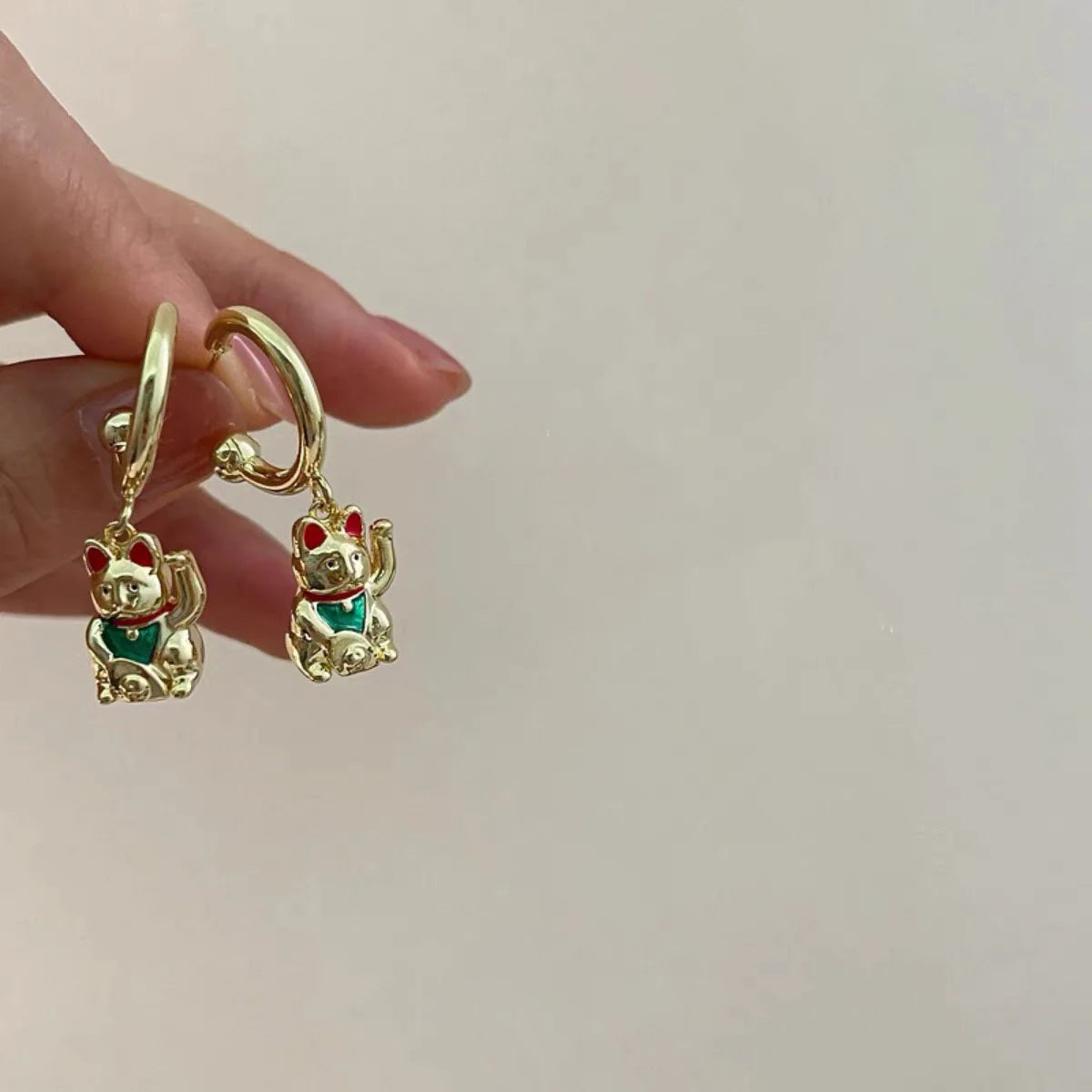 Cute Lucky Cat 18K Gold-Plated Pendant Earrings