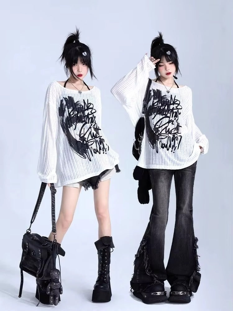 Graffiti Print Oversized Ribbed Long Sleeve Top