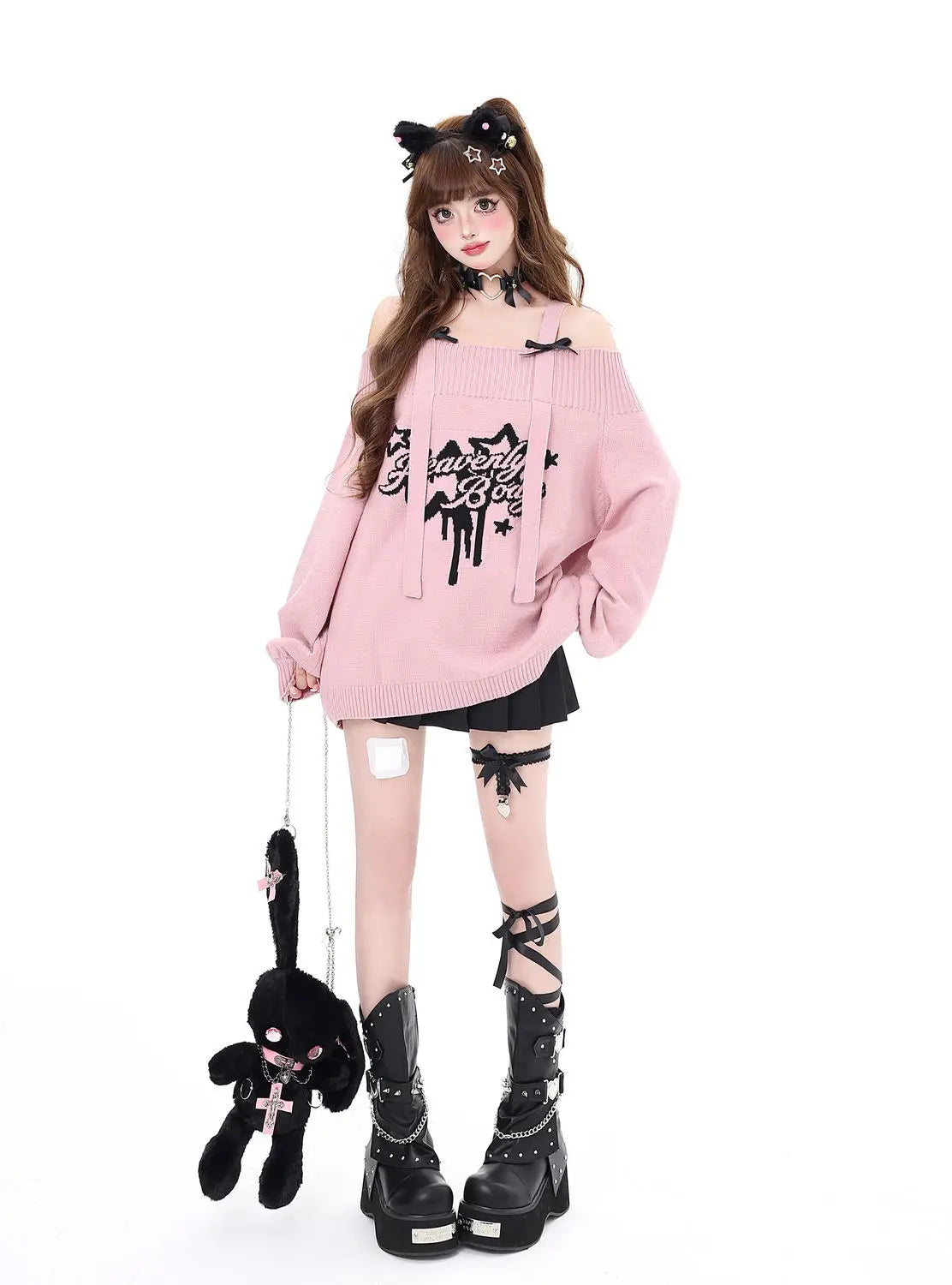 Gothic "Heavenly Body" Oversized Off-Shoulder Women's Black Pink Sweater
