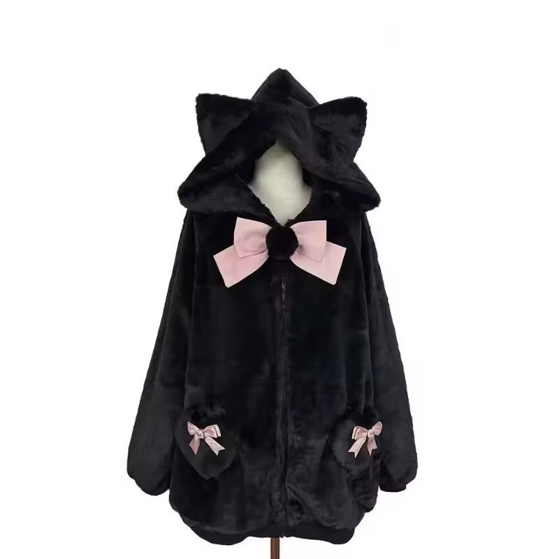 Japanese-themed Kawaii Cat Ears Bow Fluffy Jacket Coat