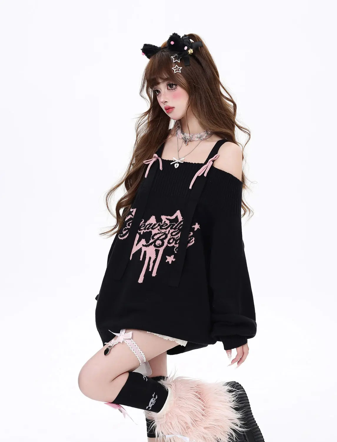 Gothic "Heavenly Body" Oversized Off-Shoulder Women's Black Pink Sweater