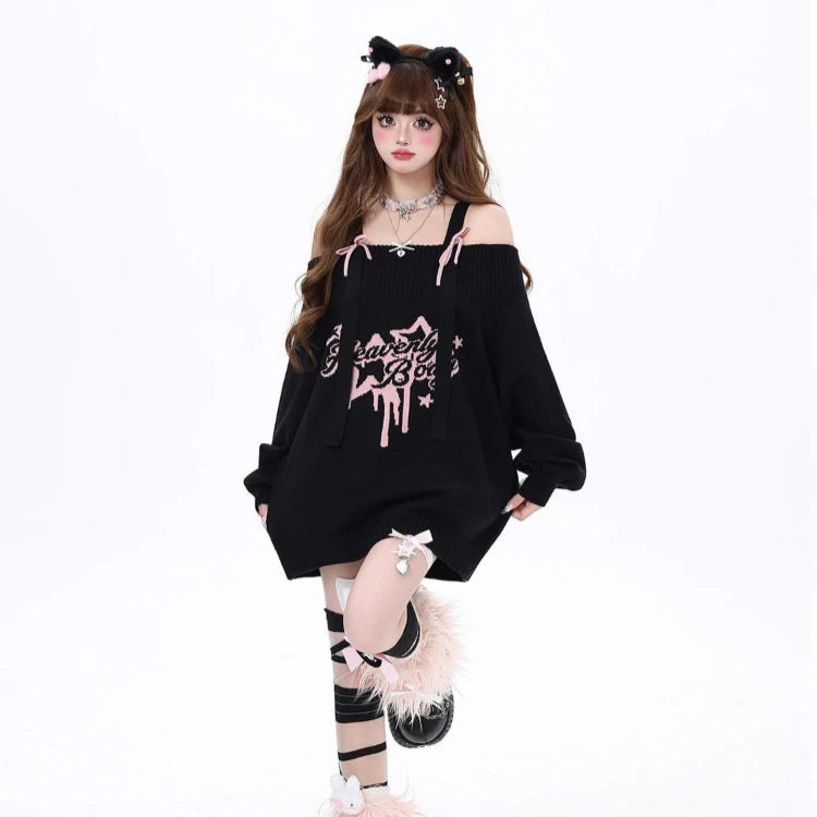 Gothic "Heavenly Body" Oversized Off-Shoulder Women's Black Pink Sweater