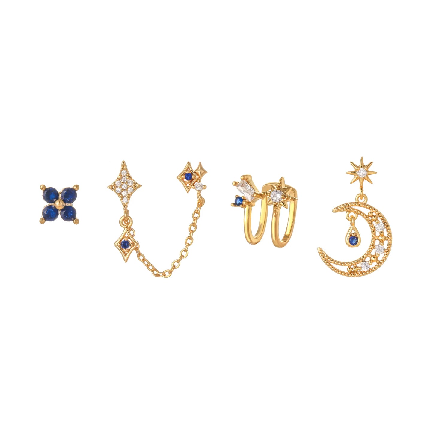 Celestial Moon & Star 18k Gold-plating Earrings (4pc Set)