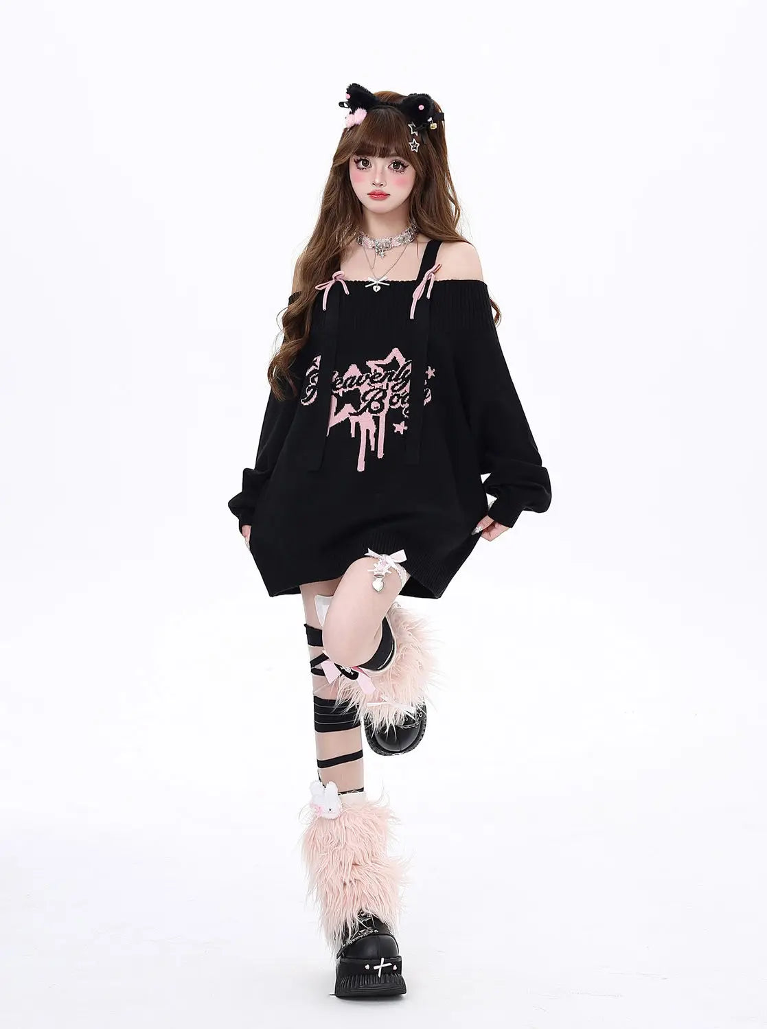 Gothic "Heavenly Body" Oversized Off-Shoulder Women's Black Pink Sweater