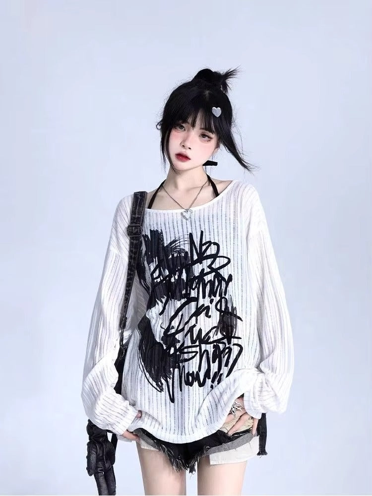 Graffiti Print Oversized Ribbed Long Sleeve Top