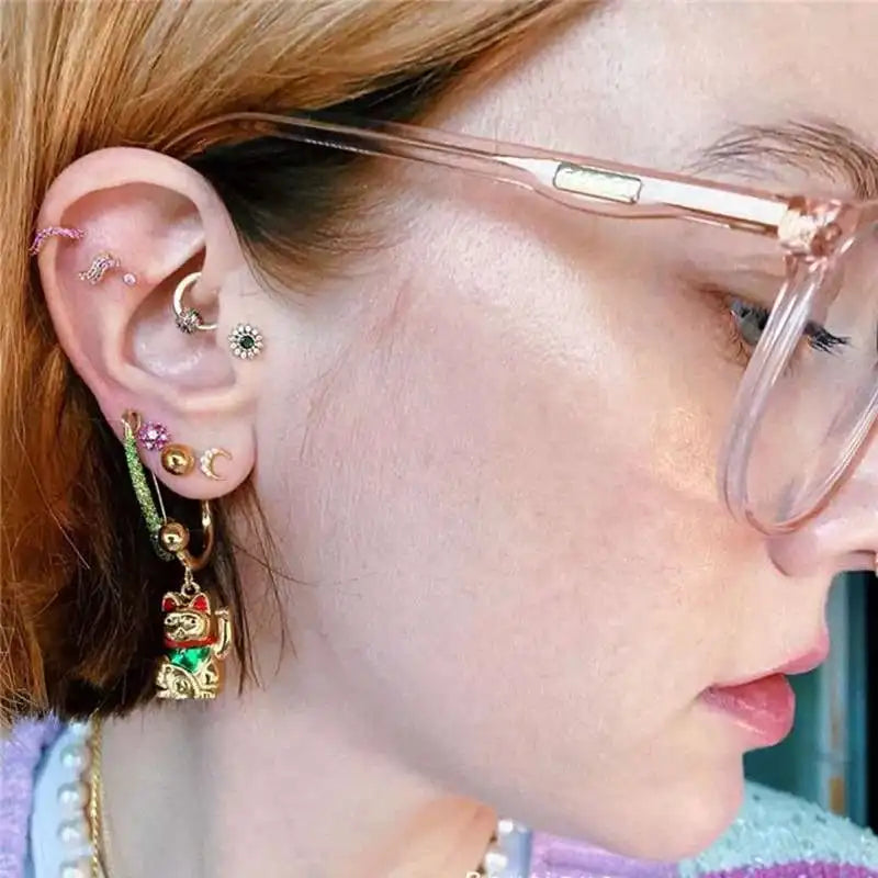Cute Lucky Cat 18K Gold-Plated Pendant Earrings