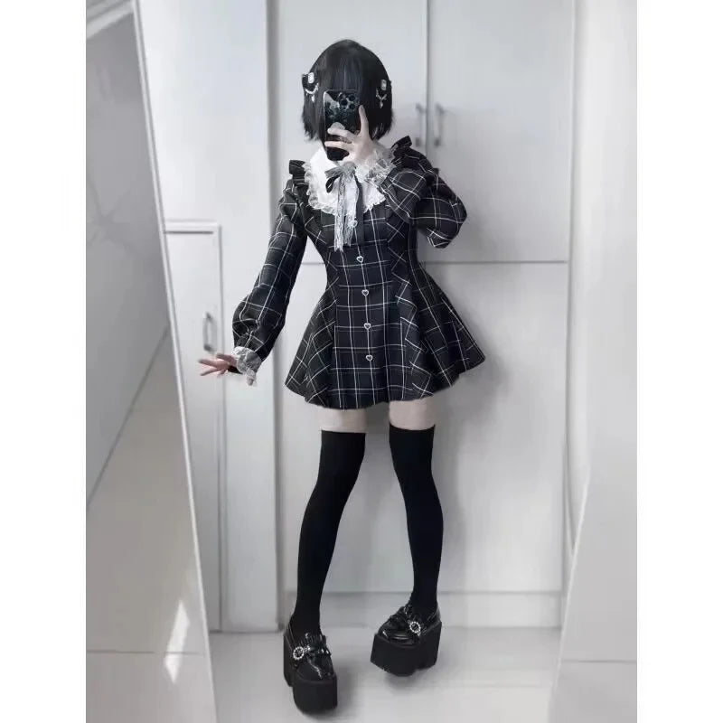 Harajuku Black Plaid Hearts Laced Lolita Women's Dress